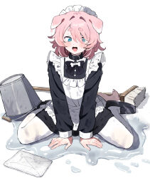 1boy animal_ears apron black_collar blue_eyes bow bowtie bucket bucket_spill collar dog_boy dog_ears dog_tail ears_down hair_between_eyes highres maid maid_headdress mop open_mouth original pink_hair sitting solo spill tail trap wariza white_taste