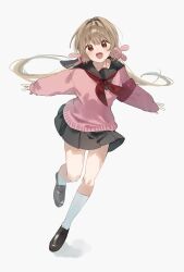 1girl :d black_sailor_collar black_skirt brown_hair brown_shoes full_body hair_ornament higa_(gominami) highres kneehighs loafers long_hair long_sleeves looking_at_viewer low_twintails natori_sana natori_sana_(school_uniform) neckerchief official_alternate_costume open_mouth pink_sweater pleated_skirt rabbit_hair_ornament red_neckerchief sailor_collar sana_channel shoes simple_background skirt smile socks solo standing sweater twintails virtual_youtuber white_background white_socks