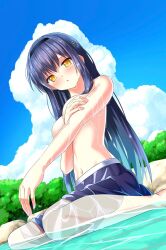 1girl :o black_hair black_hairband blue_skirt blush bone_hair_ornament breasts cloud commentary_request cumulonimbus_cloud day feet_out_of_frame hair_ornament hairband highres horizon kushima_kamome large_breasts long_hair looking_at_viewer navel outdoors sitting skirt skull_and_crossbones skull_hair_ornament sky solo straight_hair summer_pockets topless_female tree wading wariza water wet wet_clothes wet_hair wet_skirt yellow_eyes yoanium