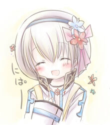 1girl :d arch_bishop_(ragnarok_online) black_choker blonde_hair blush bow choker closed_eyes commentary_request cross cross_choker cross_of_prontera fingerless_gloves flower gloves hair_bow hair_flower hair_ornament jacket long_sleeves open_mouth purple_bow ragnarok_online short_hair smile solo upper_body white_flower white_jacket yoru_nagatsuki