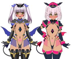 2girls areola_slip black_gloves blush breasts corruption covered_erect_nipples dark-skinned_female dark_persona dark_skin demon_girl demon_tail demon_wings elbow_gloves frozen_gingasan gloves gluteal_fold gunslinger_stratos hand_on_own_hip hat highres long_hair looking_at_viewer low_wings medium_breasts multiple_girls navel one-piece_swimsuit open_mouth pink_hair pubic_tattoo rindou_shizune shinou_matsurika simple_background slave_gear slingshot_swimsuit small_breasts smile swimsuit tail tattoo thighhighs transparent_background ts_magical_girl_nao twintails variant_set white_background wings yellow_eyes