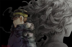 1boy 1girl artist_name black_background black_hat brown_hair buzz_cut coat facial_hair goatee_stubble golden_kamuy hat igogusa imperial_japanese_army kepi long_hair military_hat nekosoul short_hair stubble tsukishima_hajime very_short_hair