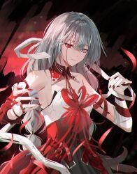Rule 34 | 1girl, absurdres, bandaged arm, bandages, bare shoulders, black skirt, blood, bloody tears, breasts, chromatic aberration, closed mouth, commentary, detached sleeves, dress, fingernails, grey eyes, grey hair, hands up, hashtag-only commentary, heterochromia, highres, long hair, nail polish, phrolova (wuthering waves), red dress, red eyes, red nails, red petals, rin0 (gujrv), single detached sleeve, skirt, small breasts, solo, tacet mark (wuthering waves), wuthering waves