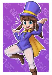 1girl 2025 a_hat_in_time absurdres blue_eyes blush boots brown_hair cape hat hat_kid highres leggings legs long_hair looking_at_viewer pants ponytail rukisan(pixiv) smile solo standing thighs toon_(style) tunic