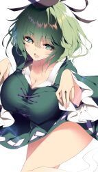 1girl absurdres black_hat breasts cleavage commentary_request cross-laced_clothes fang ghost_tail green_eyes hat highres large_breasts long_sleeves looking_at_viewer open_mouth sakurame simple_background skin_fang soga_no_tojiko solo tate_eboshi thighs touhou white_background