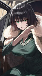Rule 34 | 1boy, 1girl, absurdres, black hair, blunt bangs, blurry, blurry background, blush, breasts, car, chinese commentary, coat, coat on shoulders, commentary request, cowboy shot, dress, eyelashes, eyes visible through hair, fubuki (one-punch man), fur-trimmed coat, fur trim, green dress, green eyes, hair between eyes, hand up, highres, jewelry, large breasts, lips, long sleeves, looking at viewer, medium hair, motor vehicle, necklace, one-punch man, parted lips, pearl necklace, re naya, saitama (one-punch man), sitting, smile, solo focus, tsurime