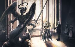Rule 34 | 2boys, 2girls, angel, armor, black suit, blonde hair, butler, formal clothes, full armor, grey hair, horocca, looking at another, maid, maid headdress, multiple boys, multiple girls, overlord (maruyama), sebas tian, silver armor, statue, suit, touch me