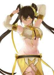 1girl arm_up armpits bell black_hair breasts detached_sleeves double_bun duel_monster gold_thighlet hair_between_eyes hair_bun hair_ornament highres japanese_clothes large_breasts long_hair long_sleeves navel nbee_ya nontraditional_miko ohime_the_manifested_mikanko simple_background solo very_long_hair white_background yellow_eyes yu-gi-oh!