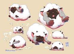 ... :3 animal animal_ears artist_name baby_animal black_eyes blush_stickers brown_background charging_forward closed_eyes closed_mouth colored_sclera dark_skin dated flower full_body gen_8_pokemon grass happy highres horns jumping kitkaloid lamb lying motion_lines multiple_views nintendo no_humans notice_lines on_back open_mouth outline pink_flower pokemon pokemon_(creature) powering_up puff_of_air running sheep signature simple_background sleeping smile speech_bubble spoken_ellipsis standing twitter_username upside-down white_outline wool wooloo yellow_sclera zzz