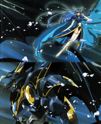 Rule 34 | 1990s (style), 1girl, animage, armor, armored dress, black background, blue cape, blue eyes, blue hair, boots, cape, ceres (rayearth), dress, falling petals, highres, long hair, magazine scan, magic knight rayearth, mecha, official art, petals, retro artstyle, robot, scan, thigh boots, white footwear
