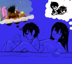 1boy 1girl bird black_eyes black_hair breasts brother_and_sister duck hetero little_brother long_hair mari_(faraway)_(omori) mari_(omori) older_sister omori sex short_hair siblings