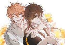 Rule 34 | 2boys, flower, genshin impact, highres, multiple boys, one eye closed, tartaglia (genshin impact), twitter, white background, wink, yaoi, zhongli (genshin impact), zyzzzyy
