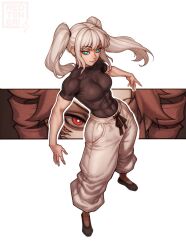 1girl abs artist_logo artist_name baggy_pants black_shirt black_shoes breasts commentary cosplay covered_navel drill_hair english_commentary full_body gojou_satoru gojou_satoru_(cosplay) grey_pants hatsune_miku highres jujutsu_kaisen logo looking_at_viewer medium_breasts medium_hair pants pink_hair red_eyes redteneri ryoumen_sukuna_(jujutsu_kaisen) ryoumen_sukuna_(jujutsu_kaisen)_(cosplay) shirt shoes short_sleeves tight_clothes tight_shirt toned toned_female twintails vocaloid watermark white_hair