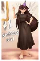 Rule 34 | 1girl, artist name, barefoot, black nails, bracelet, breasts, brown dress, brown hair, cabronpr, closed mouth, collared dress, dated, dress, feet, full body, hand on own hip, hand up, highres, indoors, jewelry, long hair, mari (omori), medium breasts, omori, purple eyes, short sleeves, smile, solo, standing, very long hair