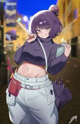 1girl blush breasts crop_top fate/grand_order fate_(series) grin hair_bun hair_ornament hairpin highres katsushika_hokusai_(fate) katsushika_hokusai_(over_the_same_sky)_(fate) long_sleeves looking_at_viewer medium_breasts midriff navel octopus pants purple_eyes purple_hair short_hair single_hair_bun smile toto-sama_(fate) white_pants zet_(twt_zet)