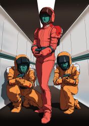 3boys absurdres aeug apolly_bay argama artist_request facial_hair fighting_stance gun gundam gundam_perfect_file hallway handgun highres holding holding_gun holding_weapon kneeling mecha_pilot_suit military_rank_insignia multiple_boys mustache normal_suit_(gundam) official_art quattro_bajeena roberto_(gundam) science_fiction serious spacecraft spacecraft_interior weapon zeta_gundam