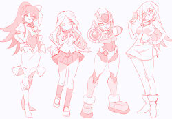 3girls 4girls aile_(mega_man_zx) aiming aiming_at_viewer arm_cannon armor boots bow bowtie breasts card character_request closed_mouth copyright_request crotch_plate dress duel_academy_uniform_(yu-gi-oh!_gx) forehead_jewel greyscale group_picture hand_on_own_hip helmet high_ponytail holding holding_card inazuma_eleven inazuma_eleven_(series) kaidou_zx kobayashi_sanae long_hair looking_at_viewer medium_breasts mega_man_(series) mega_man_zx miniskirt model_x_(mega_man) monochrome multiple_girls open_mouth pleated_skirt ponytail raimon_natsumi red_theme school_uniform shirt shoes short_sleeves simple_background skirt sleeveless sleeveless_shirt smile standing tenjouin_asuka trading_card vest voice_actor_connection weapon white_background yu-gi-oh! yu-gi-oh!_gx