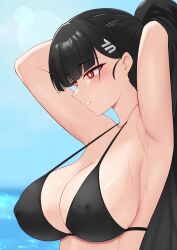 1girl absurdres armpits arms_behind_head bikini black_bikini black_hair blue_archive blush breasts cleavage commentary_request covered_erect_nipples hair_ornament hairclip highres large_breasts nitoya no_halo parted_lips ponytail red_eyes ringed_eyes rio_(blue_archive) seductive_gaze sideboob solo swimsuit wet