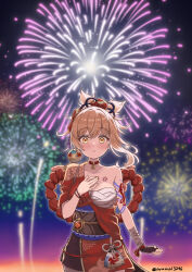1girl arm_tattoo ayamal_(mainichi_ryokucha) bandages black_sash blonde_hair blush chest_sarashi chest_tattoo choker fireworks genshin_impact highres japanese_clothes kimono looking_at_viewer night night_sky obi red_choker sarashi sash short_hair single_bare_shoulder sky solo tattoo wrist_wrap yellow_eyes yoimiya_(genshin_impact)