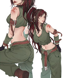 1girl arm_belt arm_tattoo belt black_hair breasts brown_eyes cleavage cosplay crop_top earrings final_fantasy final_fantasy_ix final_fantasy_vii final_fantasy_vii_ever_crisis highres hoop_earrings jewelry large_breasts leaning_forward medium_breasts multicolored_hair navel official_alternate_costume official_alternate_hairstyle ponytail pudelmudel red_hair salamander_coral salamander_coral_(cosplay) sleeveless smile stomach tattoo tifa_lockhart tifa_lockhart_(amarant&#039;s_guise) tongue tongue_out two-tone_hair