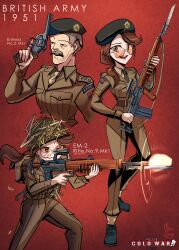 1boy 1girl absurdres bayonet beret boots british_army british_battledress bullpup em-2 enfield_no.2_mk1 firing gun handgun hat highres holding holding_gun holding_weapon military military_uniform nico_jiang official_art ponytail red-tinted_eyewear red_eyes revolver rifle round_eyewear self-upload tinted_eyewear united_kingdom waverly_redmond we_love_cold_war weapon