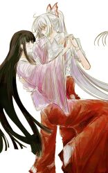 Rule 34 | 2girls, black hair, bow, dancing, earth move1123, fujiwara no mokou, hair bow, highres, holding hands, houraisan kaguya, japanese clothes, kimono, long hair, looking at another, multiple girls, pants, pink kimono, red eyes, red pants, red skirt, shirt, simple background, skirt, smile, suspender pants, touhou, white background, white hair, white shirt