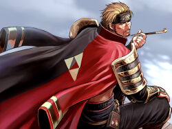 1boy armor beard blonde_hair brown_eyes coat facial_hair headband hojo_ujiyasu jewelry male_focus necklace scar sengoku_musou sitting smoking_pipe stubble