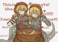 1boy 1girl :q armor blonde_hair book closed_mouth don_quixote_(project_moon) dress e.g.o_(project_moon) fish_skeleton food food_on_face glasses gloves green_dress green_gloves hand_up hat holding holding_book holding_ladle ladle leaf lifetime_stew_(e.g.o) limbus_company lizard_tail looking_to_the_side nubicus oven_mitts pauldrons project_moon red_hat shoulder_armor sinclair_(project_moon) smile soup tail tongue tongue_out vambraces yellow_eyes