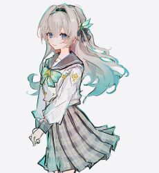 1girl black_hairband black_ribbon blush bow bowtie buttons checkered_bow checkered_bowtie checkered_clothes checkered_skirt closed_mouth double-breasted firefly_(honkai:_star_rail) firefly_(spring_missive)_(honkai:_star_rail) gradient_eyes gradient_hair green_bow green_bowtie grey_hair grey_sailor_collar grey_skirt hair_between_eyes hair_intakes hair_ornament hair_ribbon hairband highres honkai:_star_rail honkai_(series) long_sleeves multicolored_eyes multicolored_hair own_hands_together pleated_skirt ri_pi_o ribbon sailor_collar simple_background skirt smile solo white_background white_sleeves