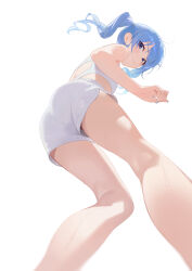 1girl absurdres alternate_costume alternate_hairstyle arms_up ass asymmetrical_sidelocks blue_eyes blue_hair closed_mouth commentary dolphin_shorts from_below highres hololive hoshimachi_suisei long_hair looking_at_viewer looking_down ponytail serelith short_shorts shorts sidelocks simple_background solo sports_bra star_(symbol) star_in_eye symbol_in_eye virtual_youtuber white_background white_shorts white_sports_bra
