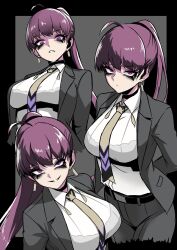 1girl ahoge belt bra_visible_through_clothes bralines breasts character_request earrings goddess_of_victory:_nikke grey_background grey_jacket grey_pants highres jacket jewelry large_breasts long_hair looking_at_viewer looking_down looking_up makeup mascara multiple_views nagainegi necktie pants ponytail purple_eyes purple_hair shirt smile tassel tassel_earrings white_shirt