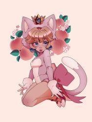 Rule 34 | 1girl, animal costume, animal ears, animal hands, animal hood, blonde hair, blue eyes, breasts, cat costume, cat ears, cat hood, cat peach, cat tail, catsuit, colette (lettiebobettie), crown, earrings, gloves, highres, hood, jewelry, mario (series), nintendo, paw gloves, paw pose, pink hood, princess peach, solo, sphere earrings, super bell, super mario 3d world, tail