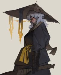 1girl absurdres bandage_over_one_eye bandaged_arm bandaged_weapon bandages breasts closed_mouth commentary conical_hat cyb3rbully1ng faust_(project_moon) grey_scarf hand_wraps hat heishou_pack-mao_branch_(identity)_(project_moon) highres holding holding_sword holding_weapon limbus_company looking_at_viewer one_eye_covered project_moon ribbon rice_hat scarf short_hair simple_background solo standing sword symbol-only_commentary upper_body weapon white_hair yellow_background yellow_eyes yellow_ribbon