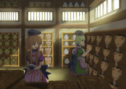 Rule 34 | 2girls, absurdres, apron, black hat, brown eyes, brown hair, commentary request, cowboy shot, dress, green dress, green eyes, green hair, hannya, hat, highres, holding, holding mask, indoors, lattice, looking at another, looking to the side, mask, multiple girls, nishida satono, noh mask, oni mask, open mouth, pink apron, puffy sleeves, purple dress, ritsuzou, short hair with long locks, smile, teireida mai, touhou, unworn mask, waist apron