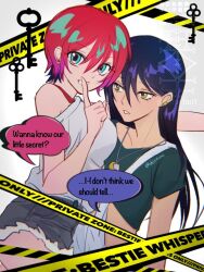 Rule 34 | 2girls, amate yuzuriha, artist name, blue eyes, caution tape, commentary request, denim, denim shorts, english text, finger to mouth, green shirt, grey background, grey shorts, gundam, gundam gquuuuuux, jewelry, key, long hair, looking at viewer, multicolored hair, multiple girls, necklace, nyaan (gundam gquuuuuux), parted lips, purple hair, red hair, shiorimii, shirt, short hair, shorts, shushing, speech bubble, streaked hair, twitter username, watermark, white shirt, yellow eyes, yuri