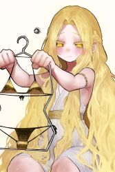 1boy absurdly_long_hair absurdres armband bikini blonde_hair braid crown_braid ekrea_jan elden_ring golden_week_bikini hair_intakes highres long_hair male_focus micro_bikini miquella_(elden_ring) robe sash solo squiggle swimsuit trap very_long_hair white_background yellow_eyes