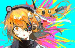 1girl a.i._voice adachi_rei android aqua_background black_shirt cable commentary_request computer_chip cpu cracked_skin damaged dangling_eye explosion feiwusheng hair_ribbon headlamp highres jacket looking_at_viewer mechabare open_clothes open_jacket orange_eyes pink_background radio_antenna ribbon shirt side_ponytail solo teeth upper_teeth_only utau white_jacket white_ribbon
