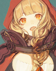 1girl aqua_background belt belt_buckle blonde_hair blunt_bangs braid breasts brown_belt buckle cape cleavage fang female_focus hair_ribbon highres hood hood_up hooded_cape long_hair looking_at_viewer open_mouth red_cape red_hood red_ribbon red_riding_hood_(sinoalice) ribbon senryoko simple_background single_braid sinoalice solo upper_body wavy_hair yellow_eyes
