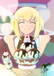Rule 34 | 1girl, black jacket, blonde hair, blush, clenched hands, closed eyes, commentary, dc comics, eating, english commentary, food, happy, highres, ice cream, indoors, jacket, johnniidrawing, my adventures with superman, shirt, short hair, sidelocks, signature, smile, solo, supergirl, superman (series), white shirt