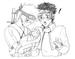 Rule 34 | 3boys, baby, blush, facial mark, goggles, hatake kakashi, jacket, mask, mi lu zaosheng, monochrome, mouth mask, multiple boys, naruto (series), naruto shippuuden, open mouth, spiked hair, uchiha obito, uzumaki naruto, whisker markings