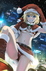 1girl 40010prototype belt bikini blonde_hair blue_eyes blush boots breasts cameltoe cape christmas city fur_trim gloves hat highres medium_breasts melonbooks midriff motor_vehicle motorcycle night original panties red_bikini red_gloves red_panties santa_boots santa_costume santa_gloves santa_hat smile snow snowing solo swimsuit teeth underboob underwear