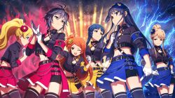 Rule 34 | 6+girls, armband, belt, black eyes, black hair, blonde hair, blue eyes, blue hair, breasts, brown hair, choker, cleavage, electricity, emily stewart, game cg, gloves, hair ornament, idol clothes, idolmaster, idolmaster million live!, idolmaster million live! theater days, jacket, kikuchi makoto, kitakami reika, mogami shizuka, multiple girls, navel, official art, ogami tamaki, one eye closed, open mouth, orange eyes, orange hair, side ponytail, tenkuubashi tomoka, thighhighs, white gloves