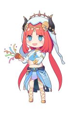 1girl @_@ absurdres black_horns blue_brooch blue_eyes blue_gemstone blue_skirt blush brooch chibi commentary crop_top ewaaawa fake_horns full_body gem genshin_impact gladiator_sandals gold_trim harem_outfit highres horns jewelry long_hair low_twintails midriff nilou_(genshin_impact) open_mouth party_popper red_hair sandals simple_background skirt smile solo sweat symbol-only_commentary thighlet transparent_background twintails veil very_long_hair white_sleeves white_veil