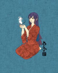 Rule 34 | 1girl, absurdres, animal, blue background, brown eyes, dancing, fine art parody, floral print, floral print kimono, full body, highres, holding, holding animal, inkan, japanese clothes, japanese text, kimono, long hair, mouse, nihonga, original, parody, print kimono, purple hair, red eyes, red kimono, sei5osuzuki, seiza, sitting, very long hair