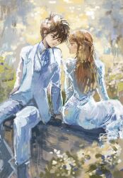 Rule 34 | 1boy, 1girl, brown eyes, brown hair, commentary, dated, dress, english commentary, eye contact, formal clothes, gundam, gundam wing, heero yuy, highres, long hair, looking at another, okrdisk2000, pants, relena peacecraft, short hair, sitting, suit, white dress, white pants, white suit