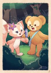 1boy 1girl animal_ears animification bear bear_boy bear_ears duffy_and_friends duffy_the_disney_bear fox fox_ears fox_girl furry highres holding linabell looking_at_viewer no_humans smile standing takatmaorange