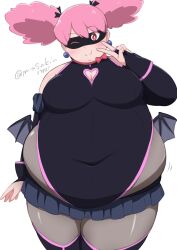 1girl black_mask black_thighhighs blush bodystocking boku_no_hero_academia bow breasts bridal_gauntlets cleavage cleavage_cutout clothing_cutout covered_navel demon_wings detached_sleeves earrings eye_mask fat fat_woman hair_ribbon haneyama_kazuho jewelry large_breasts leotard low_wings masakin mask obese one_eye_closed pink_hair ribbon skirt smile solo standing superhero_costume thighhighs twintails twitter_username v vigilante_-boku_no_hero_academia:_illegals- white_background wings wink