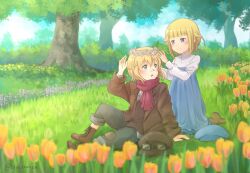 Rule 34 | 2girls, aged down, ange (princess principal), aviator cap, aviator glasses, blonde hair, blue dress, blue eyes, blue headwear, blue sky, boots, brown coat, brown footwear, coat, cross-laced footwear, dress, flower, garden, grass, green pants, grey shirt, hair between eyes, head wreath, highres, long sleeves, multiple girls, open mouth, pants, princess (princess principal), princess principal, red scarf, scarf, shirt, short hair, sky, smile, tree, tulip, two-tone dress, white dress, xin (blueramen), yuri