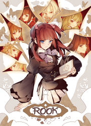 aluce asmodeus_(umineko) beelzebub_(umineko) belphegor_(umineko) blue_eyes book chess_piece highres leviathan_(umineko) lucifer_(umineko) mammon_(umineko) red_hair rook_(chess) satan_(umineko) serious stakes_of_purgatory umineko_no_naku_koro_ni ushiromiya_ange