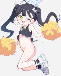 1girl absurdres animal_ear_fluff animal_ears artist_name ass black_hair black_socks black_tank_top blue_archive blue_halo commentary extra_ears full_body green_eyes grey_background halo highres loli looking_at_viewer navel one_eye_closed open_mouth pom_pom_(cheerleading) shoes shun_(blue_archive) shun_(small)_(blue_archive) simple_background socks solo sseopik sweat tank_top twintails white_shoes